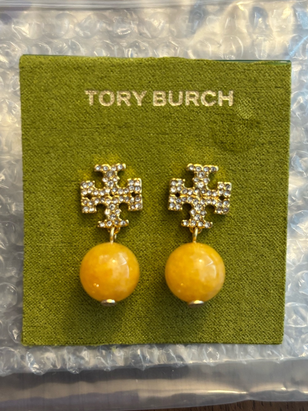 Tory Burch Gold Crystal Logo Earrings with Yellow Beads